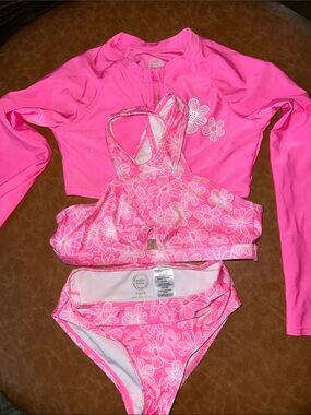 wonder nation Bright Pink Floral Girls 6x 3-Piece Swim Set